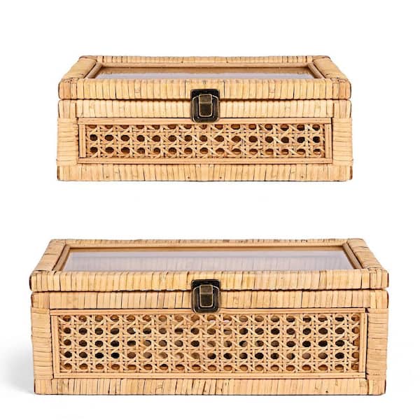 Afoxsos Beige 7 in. x 5 in. Bamboo Decorative Box Set of 2 with Rectangular Woven Glass for Display and Decor