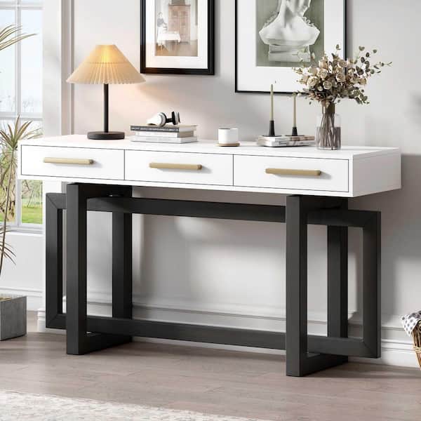 Polibi 57 in. Grey/White Rectangle Wood Console Table Entryway Table