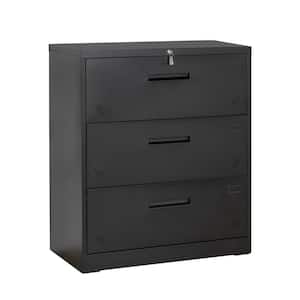 3-Drawer Black Metal Steel Lateral Filing Cabinet with Large Deep Drawers Locked by Keys