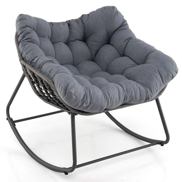 Wicker Outdoor Rocking Chair Oversized Patio Egg Chair Lounge Chair with Gray Cushion (1-Pack)