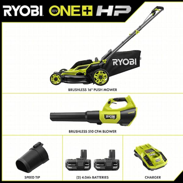 ONE+ HP 18V Brushless 16 in. Cordless Battery Walk Behind Push Lawn Mower & Blower w/ (2) 4.0 Ah Batteries & (1) Charger