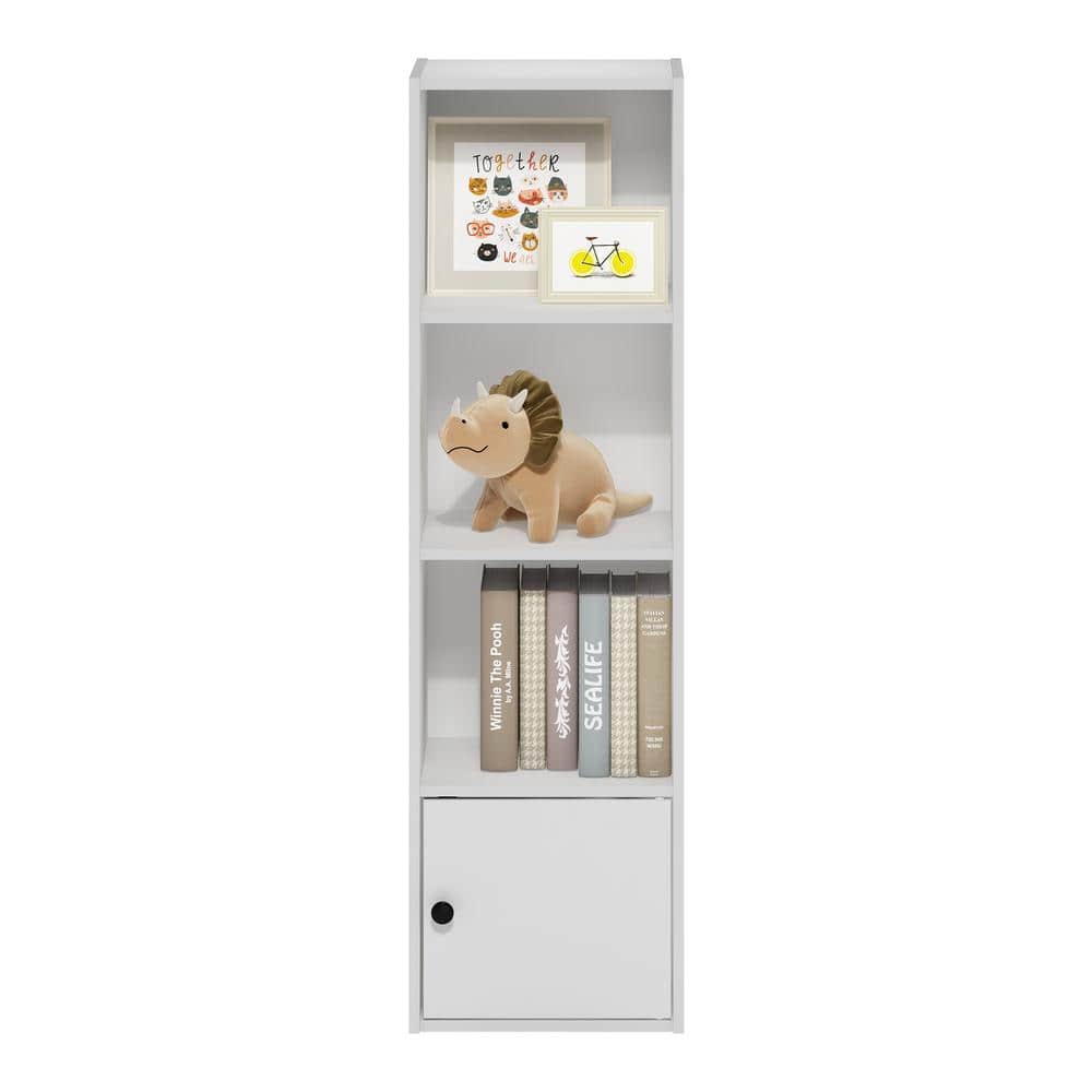 White Composite Wood 4-Tier Bookcase with Door Storage