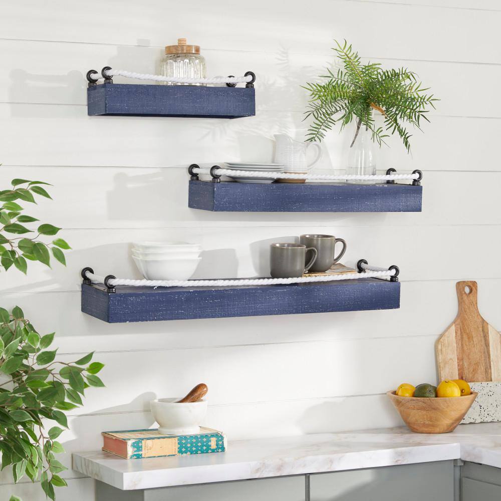 Blue and White Nautical Wood Floating Wall Shelves, Set of 3
