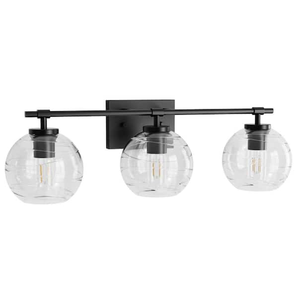 25 in. 3-Light Matte Black Globe Vanity Light with Clear Glass Shade for Bathroom Multi Mounting Positions