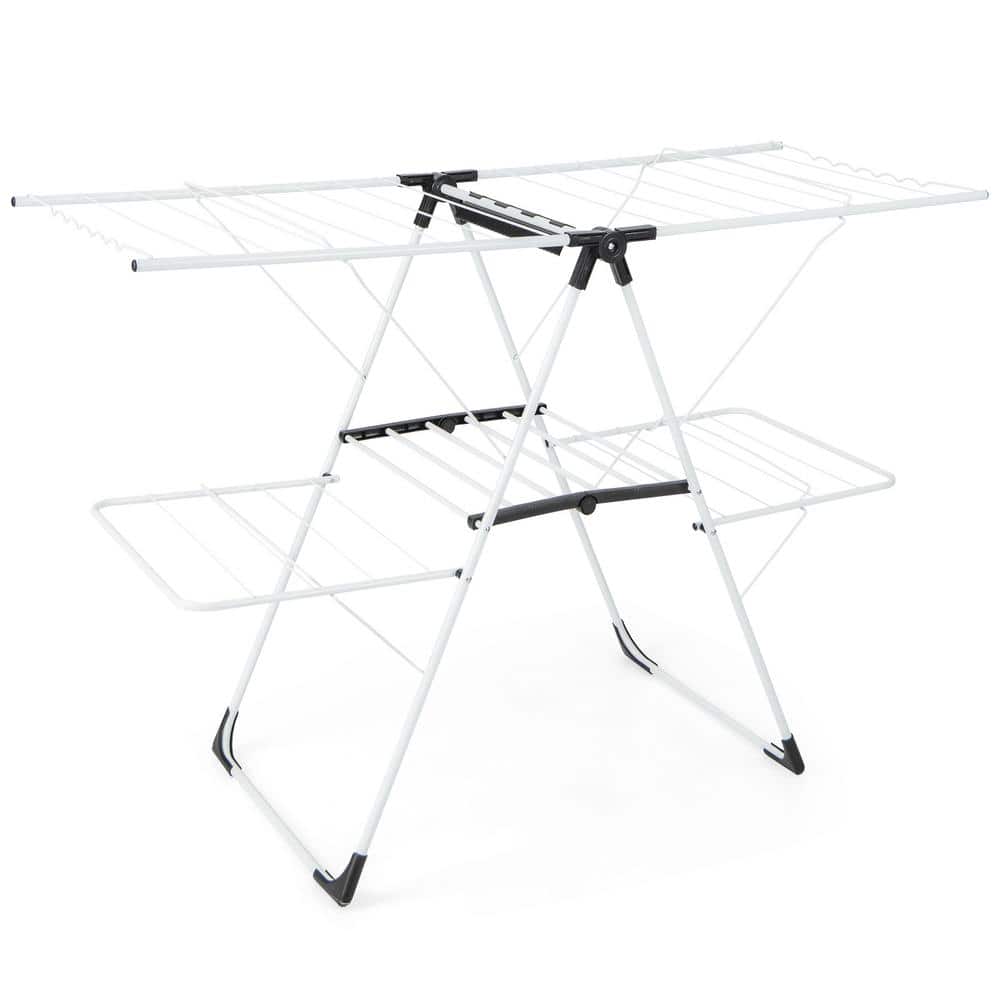2-Level White Metal Free Standing Laundry Drying Rack with Height Adjustabl