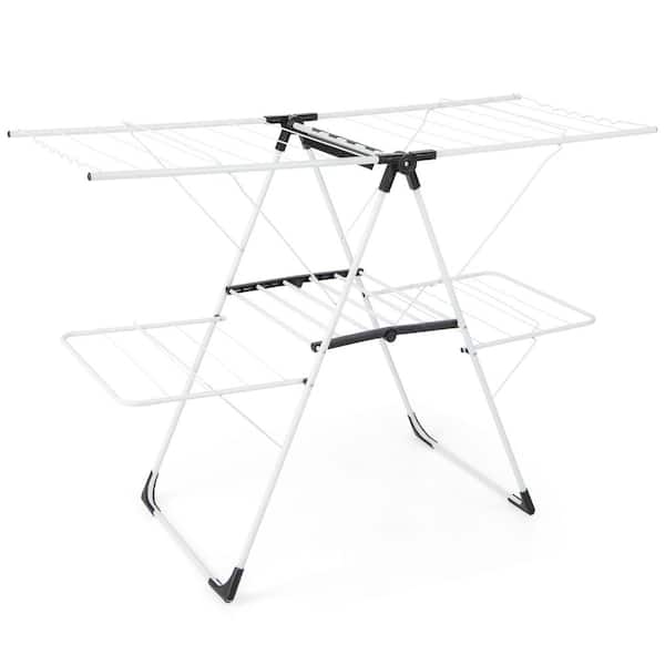 2-Level White Metal Free Standing Laundry Drying Rack with Height Adjustable Wings