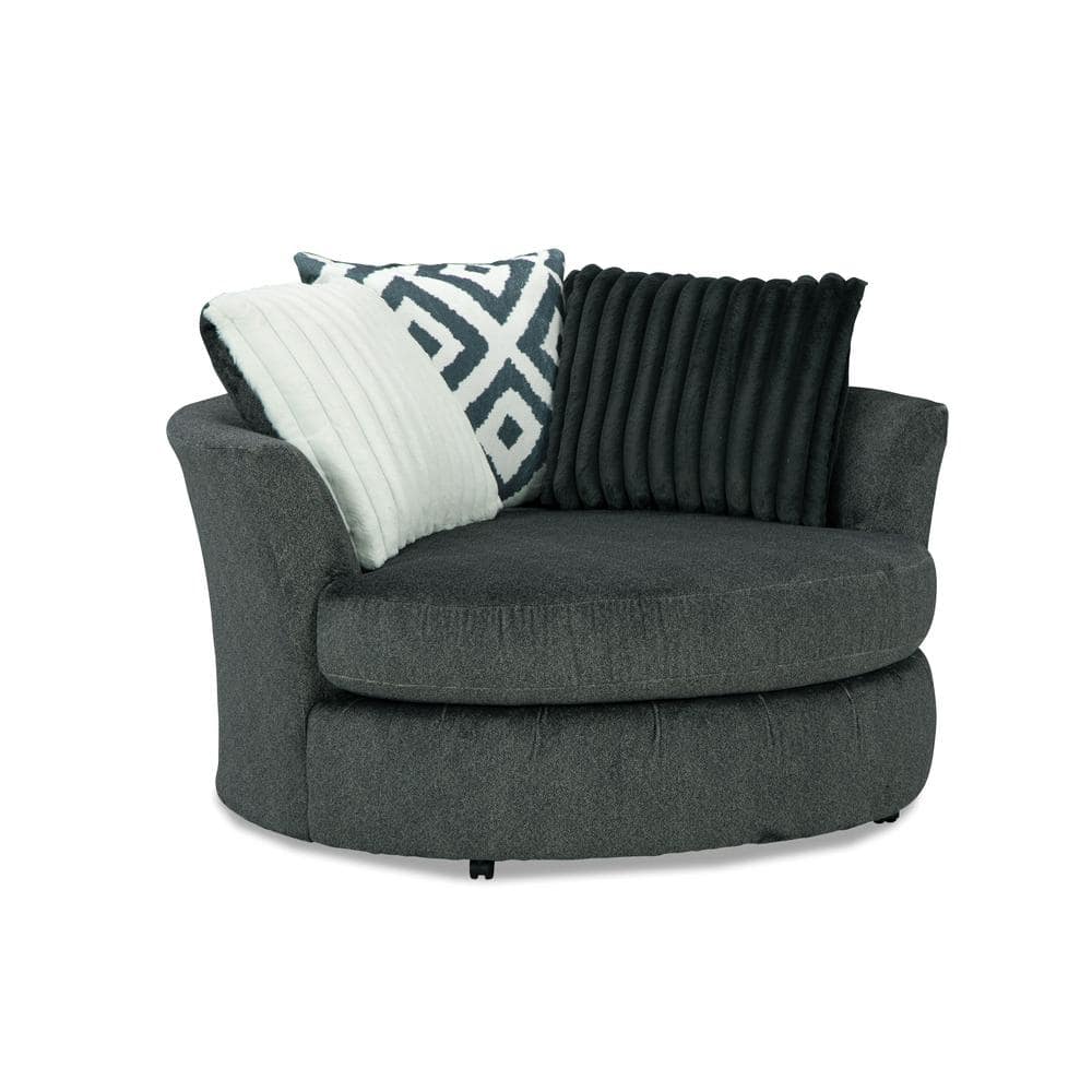 Gray Chenille Swivel Accent Chair with Throw Pillows