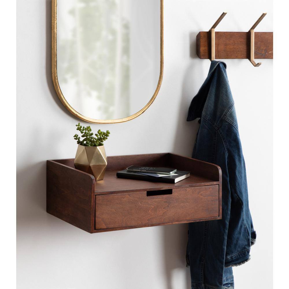 Walnut Brown Floating Shelf Side Table with Drawer