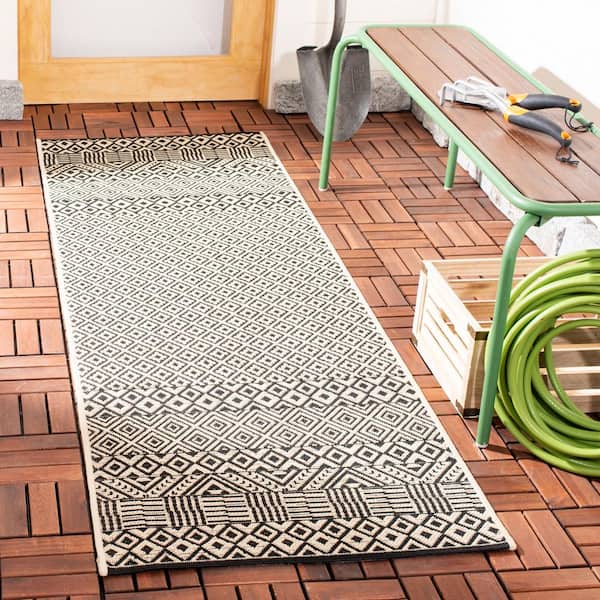 Courtyard Beige/Black 2 ft. x 10 ft. Geometric Indoor/Outdoor Patio  Runner Rug