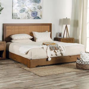 Soraya Light Walnut Solid Wood Frame King Platform Bed With Rattan Woven Headboard