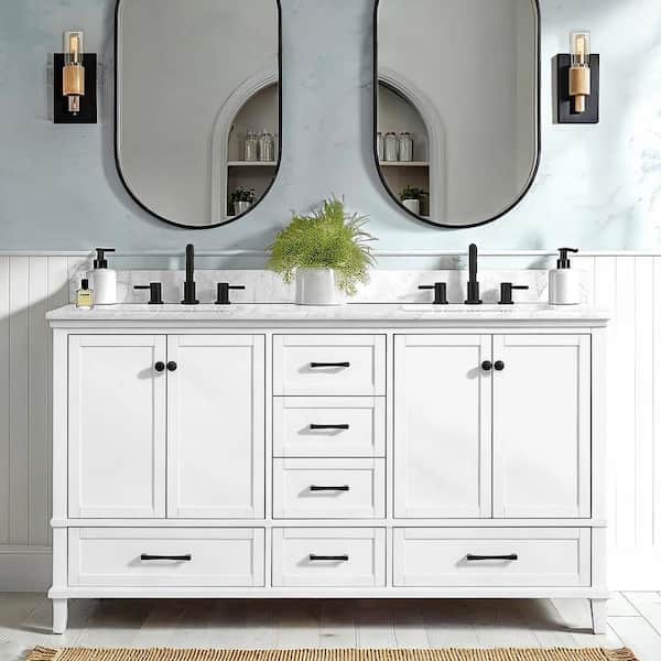 Merryfield 61 in. Double Sink White Bath Vanity with White Carrara Marble Top (Assembled)
