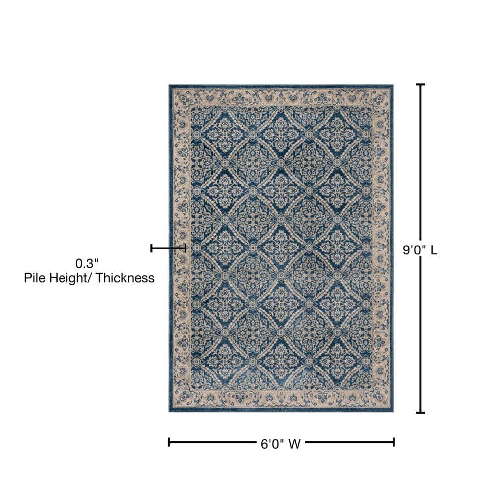 Navy and Cream Synthetic Bohemian Area Rug with Border Embellishment