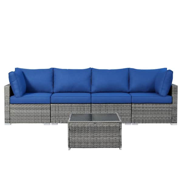 weaxty W Daffodil E Gray 5-Piece Wicker Patio Conversation Sofa Set with Navy Blue Cushions
