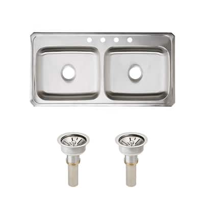 Celebrity Drop-In Stainless Steel 43 in. 4-Hole Double Bowl Kitchen Sink with Drain