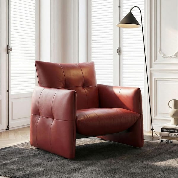 Burgundy Red Faux Leather Arm Chair Tufted Cushions