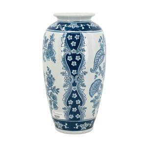 15 in.H Porcelain Round Decorative Vase with Blue and White Floral Patterns for Home,Living Room,Fireplace Decor