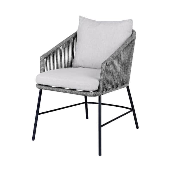 Dynn Black Metal Outdoor Dining Chair with Gray Cushion and Woven Rope