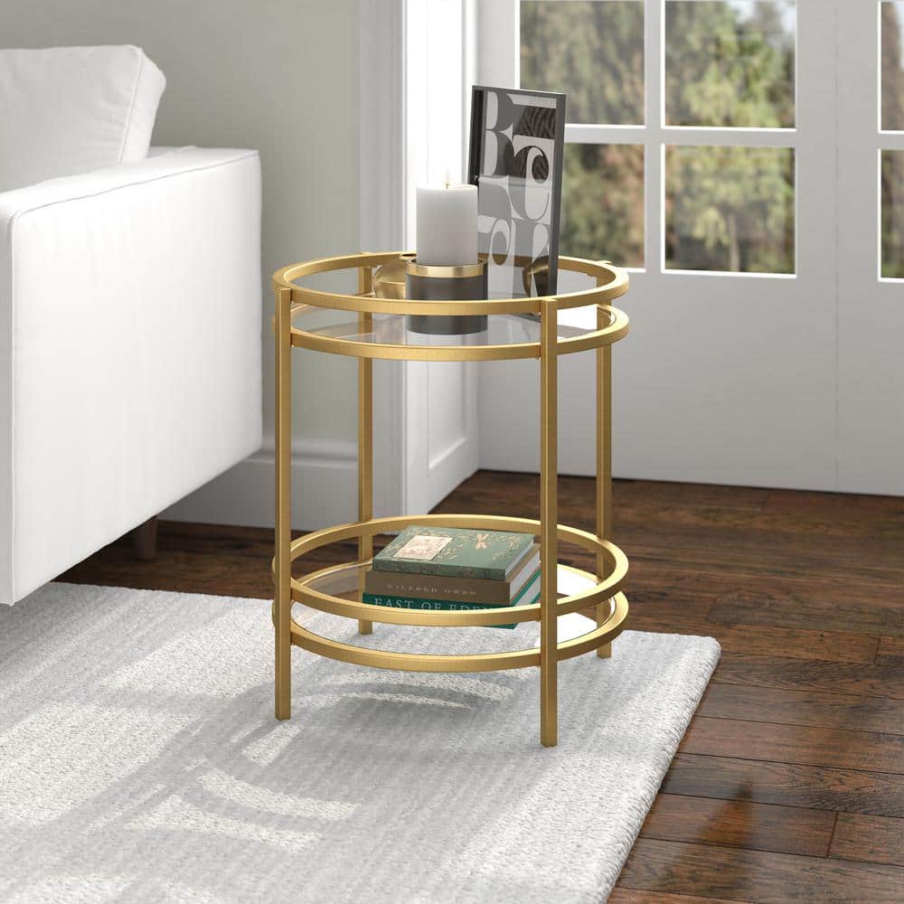 Modern Brass 20" Round Metal & Glass Side Table