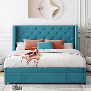 65 in.W Blue Queen Size Bed Frame with Storage Drawers, Velvet Upholstered Platform Bed with Wingback Headboard