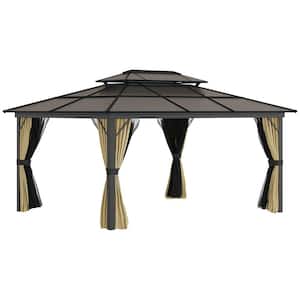 15 ft. x 11 ft. Beige Patio Gazebo with Hardtop Canopy, Double Vented Roof, Netting, Curtains