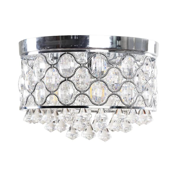 Flint Garden 14 in. 3-Light Modern Chrome Glam Drum Crystal Flush Mount