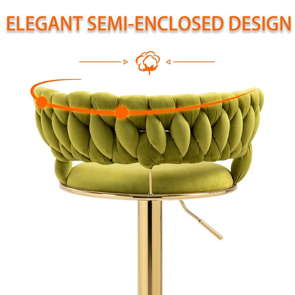 Emerald Green Velvet Adjustable Swivel Bar Stools with Gold Base, Set of 2