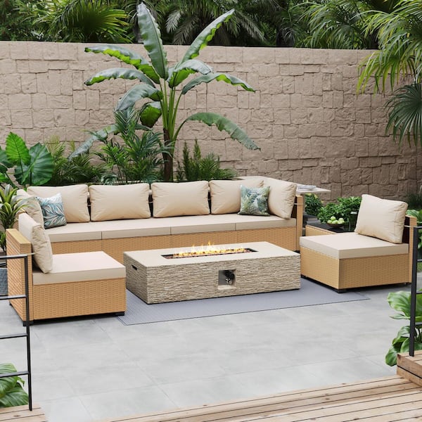 PATIO WATCHER 8-Piece Rattan Patio Conversation Set with Cushions and 56 in. Outdoor Rectangle Fire Pit Table, Beige Cushions
