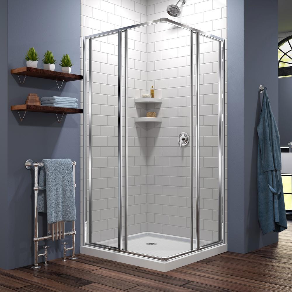 Cornerview 36" x 74.75" Chrome Framed Square Sliding Shower Enclosure
