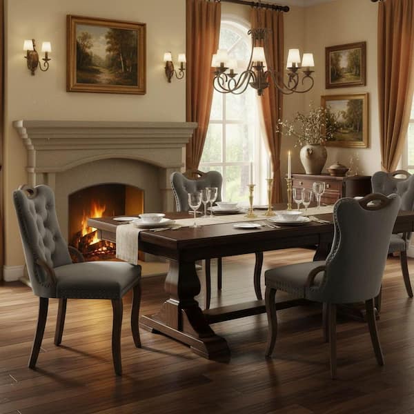 AUCSB Tufted Wing Back Dining Chairs with Velvet Upholstery Solid Wood Legs and Nailhead Trim in Dark Gray (Set of 2)