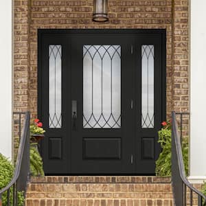 Regency 68 in. x 80 in. 3/4 Lite Spire Decorative Glass LHOS Onyx Mahogany Fiberglass Prehung Front Door w/Dbl 14 in. SL