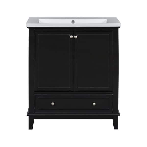 30 in. W x 18 in. D x 34.8 in. H Single Sink Freestanding Black Bath Vanity with White Ceramic Top and Drawer