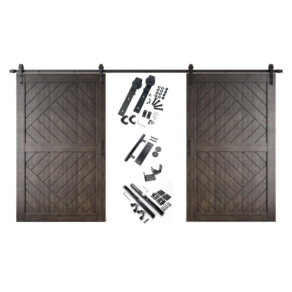 HT 42 in. x 84 in. C-Panel Ebony Geometric Design Double Pine Wood Sliding Barn Door with Hardware Kit price history on PriceWatchPro