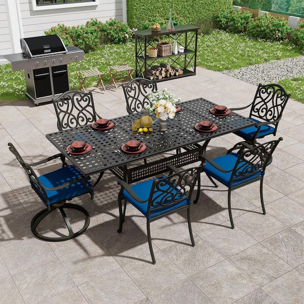 Mondawe 7-Piece Black Cast Aluminum Outdoor Dining Set with Extendable Rectangular Table, Dining Chairs with Navy Blue Cushions