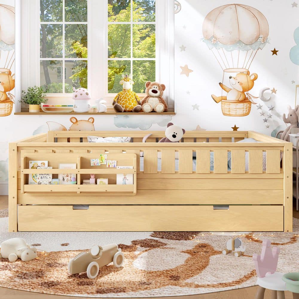 Light Natural Queen Size Kids Bed with Built-in Bookshelves and Small Staircase