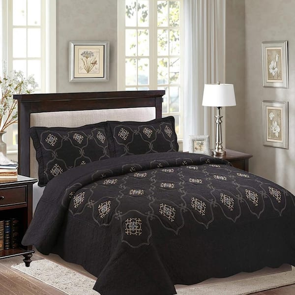 Emma-3-Piece Embroidered Polyester Queen Size Lightweight Quilt Bedspread Set