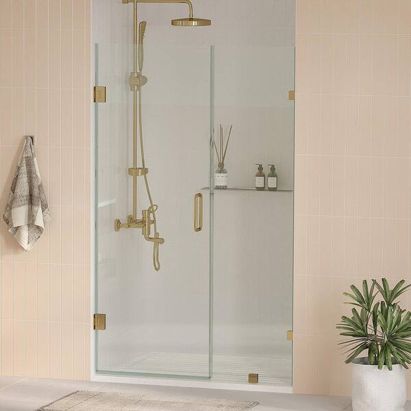 Kobiworks Nirvana 61.5 in. W x 76 in. H Frameless Pivot Hinged Shower Door in Brushed Gold with 3/8 in. Clear Glass