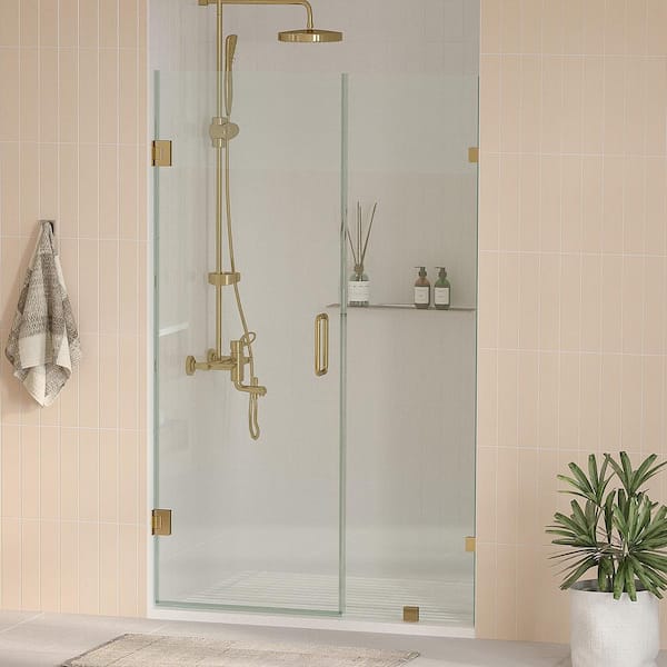 Kobiworks Nirvana 67.5 in. W x 76 in. H Frameless Pivot Hinged Shower Door in Brushed Gold with 3/8 in. Clear Glass