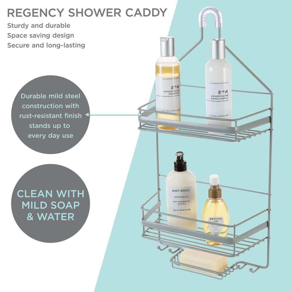 Gray Metal 2-Tier Suction Mount Shower Organizer
