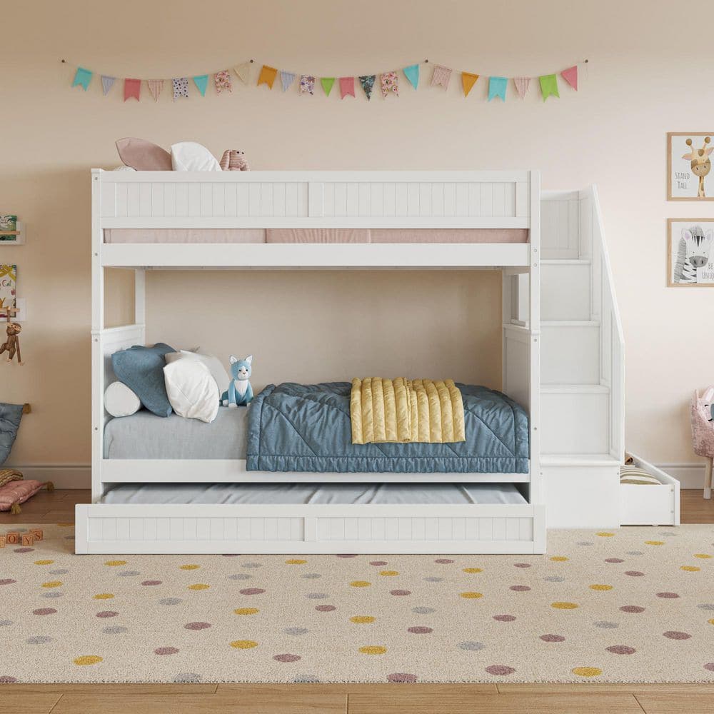 AFI Dover White Solid Wood Frame Twin Over Twin Staircase Bunk Bed with ...