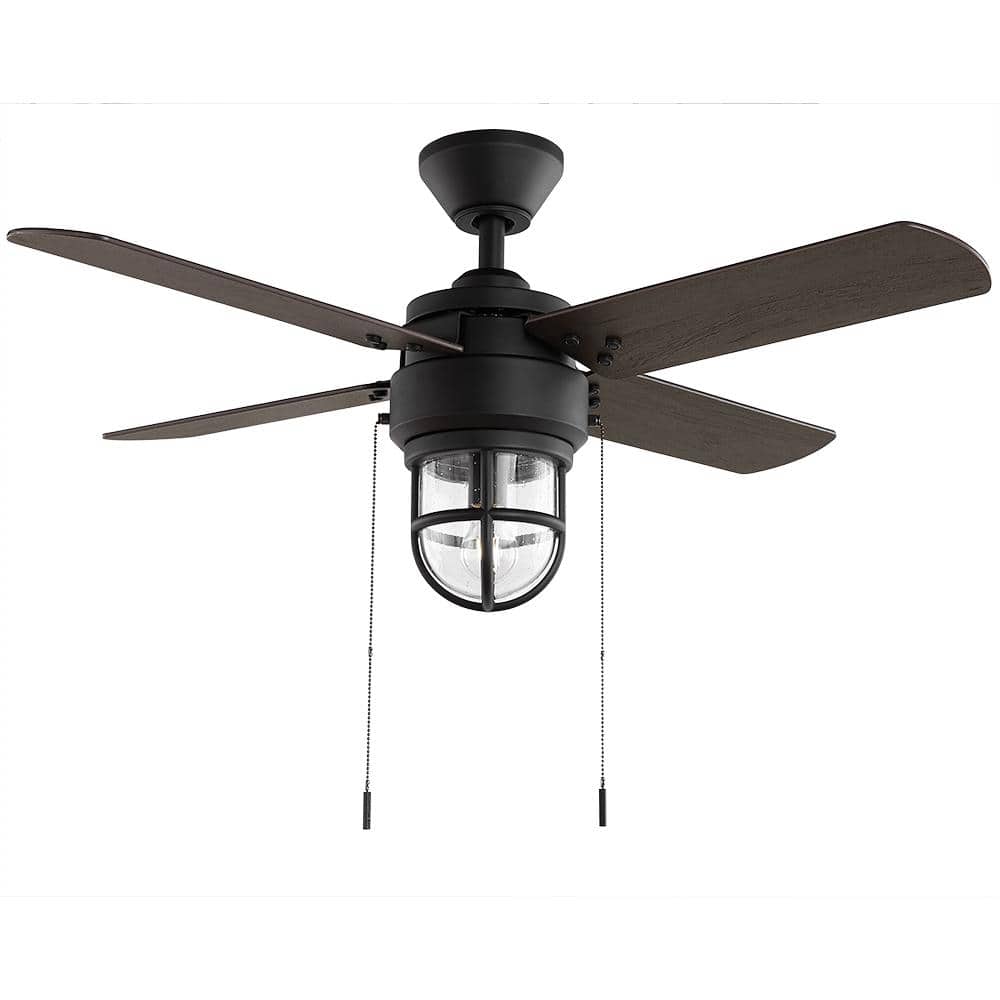 Hampton Bay Cedar Lake 44 in. Indoor/Outdoor LED Matte Black Damp Rated Ceiling Fan with Light Kit, Downrod and 4 Reversible Blades
