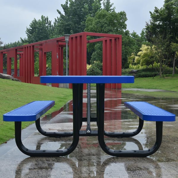 Zeus & Ruta 82.9 in. 8-Person Blue Square Steel Outdoor Picnic Table with Umbrella Pole and 4 Stools for Patio, Backyard and Garden