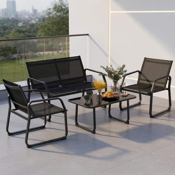 4-Piece Black Metal Conversation Set – Loveseat, Two Chairs & Tempered Glass Coffee Table