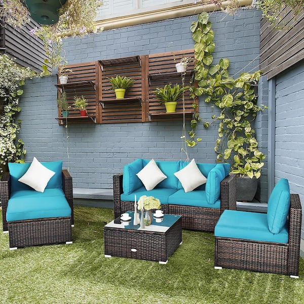 6-Piece PE rattan Outdoor Sectional Set with Turquoise Cushions