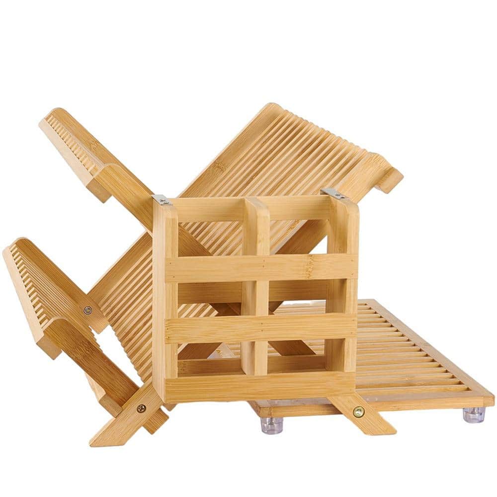 Foldable Bamboo 3-Tier Dish Rack with Utensil Holder