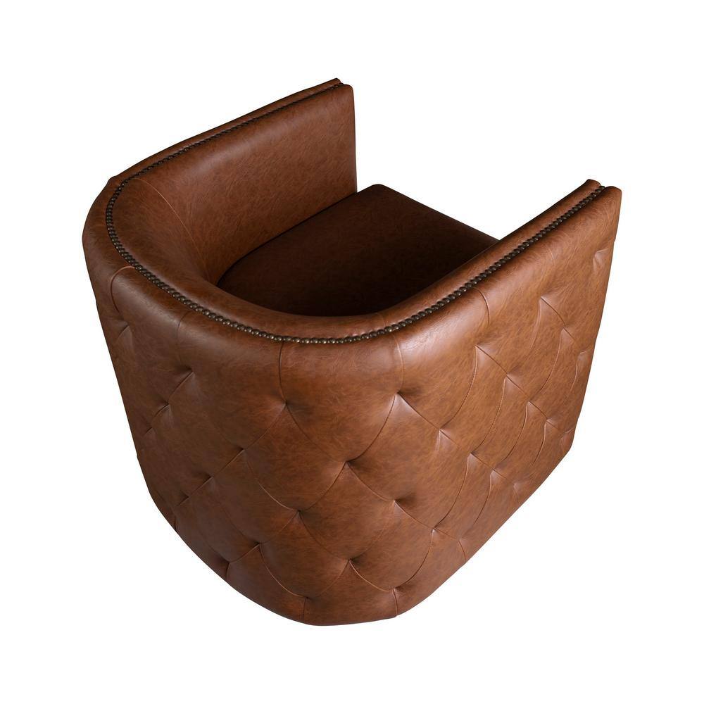 Brown Faux Leather Barrel Swivel Accent Chair with Wood Frame