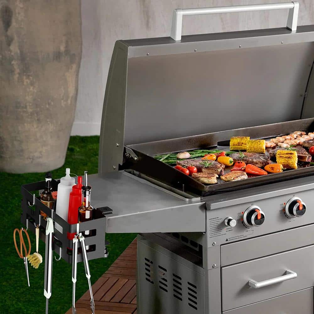 Space Saving Black Metal Grill Storage Rack with Magnetic Tool Holder