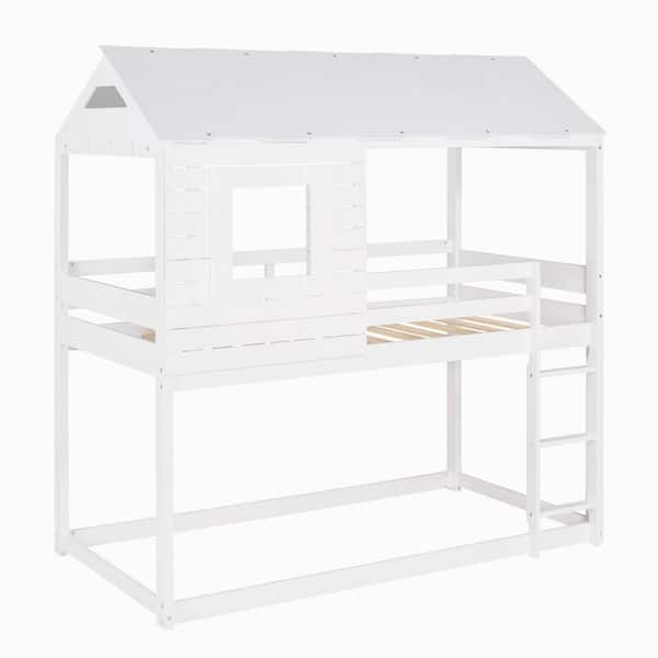 URTR White Twin Over Twin Bunk Bed, House Low Bunk Bed Frame with Roof and Window for Kids, Teens, Girls, Boys