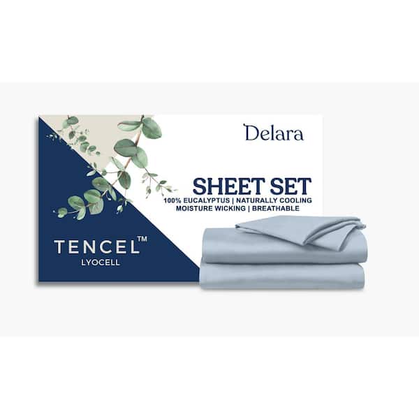 Delara Delara 7-Piece Sheet Bundle Set Light Blue 100% Eucalyptus Lyocell Tencel Cal King Duvet Set+Sheet Set