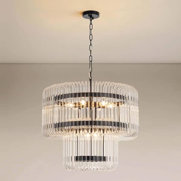 Gwern 9-Light 2-Tier Modern Glam Black Round Drum Crystal Chandelier for Dining Room/Living Room