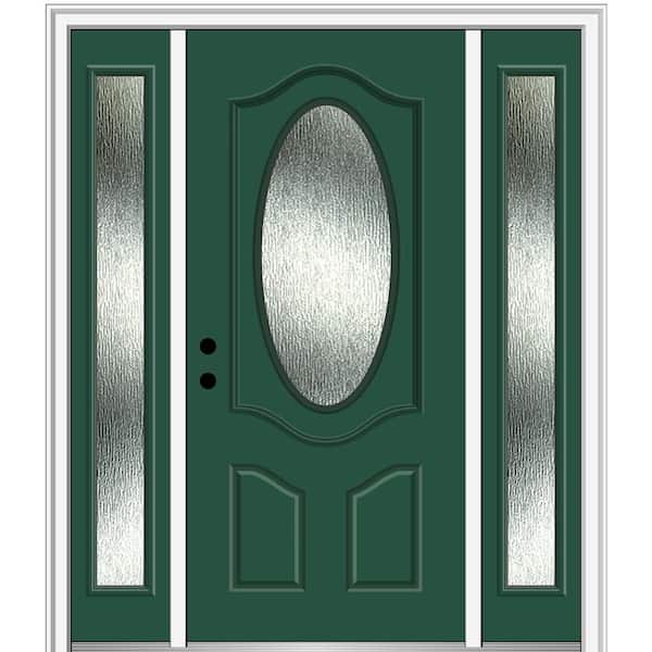MMI DOOR 64 in. x 80 in. Right-Hand Inswing Rain Glass Hunter Green Fiberglass Prehung Front Door on 4-9/16 in. Frame